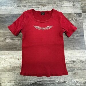 Vintage Harley‎ Davidson Red Womens XL Tribal Wings Biker Ribbed T-shirt top